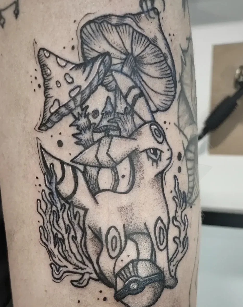 Linework tetovaža Pokémona z gobami